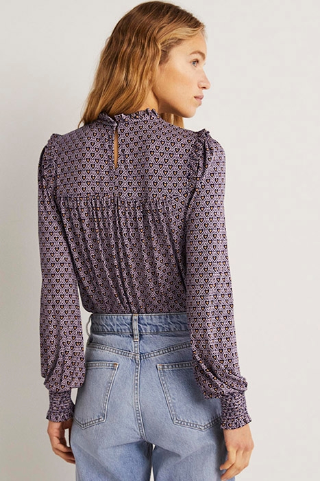 SMOCKED YOKE PRINTED TOP NVY 2