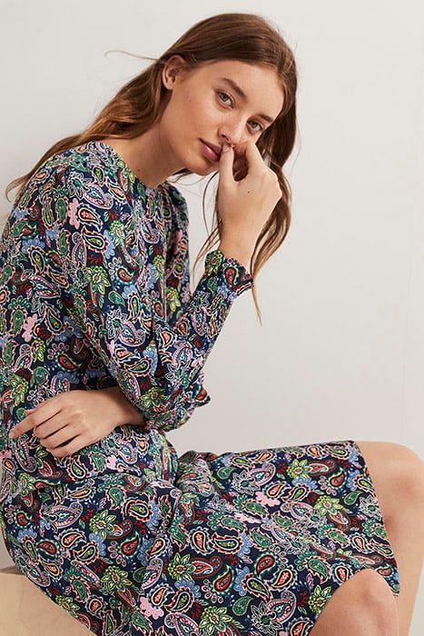 SMOCKED CUFF MIDI DRESS NVY 3