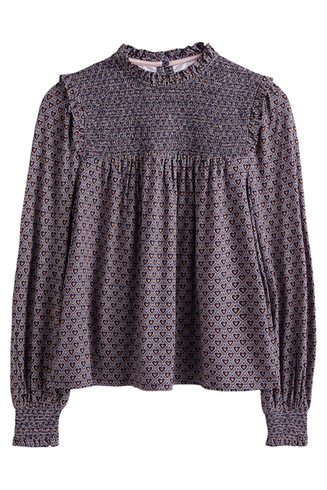 SMOCKED YOKE PRINTED TOP NVY 4