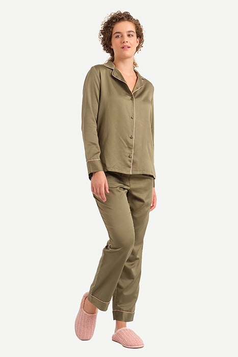 NW SET PYJAMA SHIRT JANET SATIN SOLID ARMY KHAKI 2