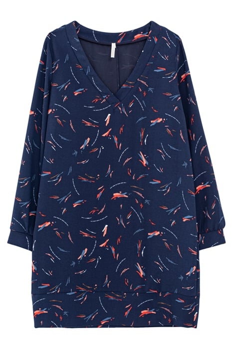 NAVY DRESS WITH ARTY PENCILLED PRINT 1