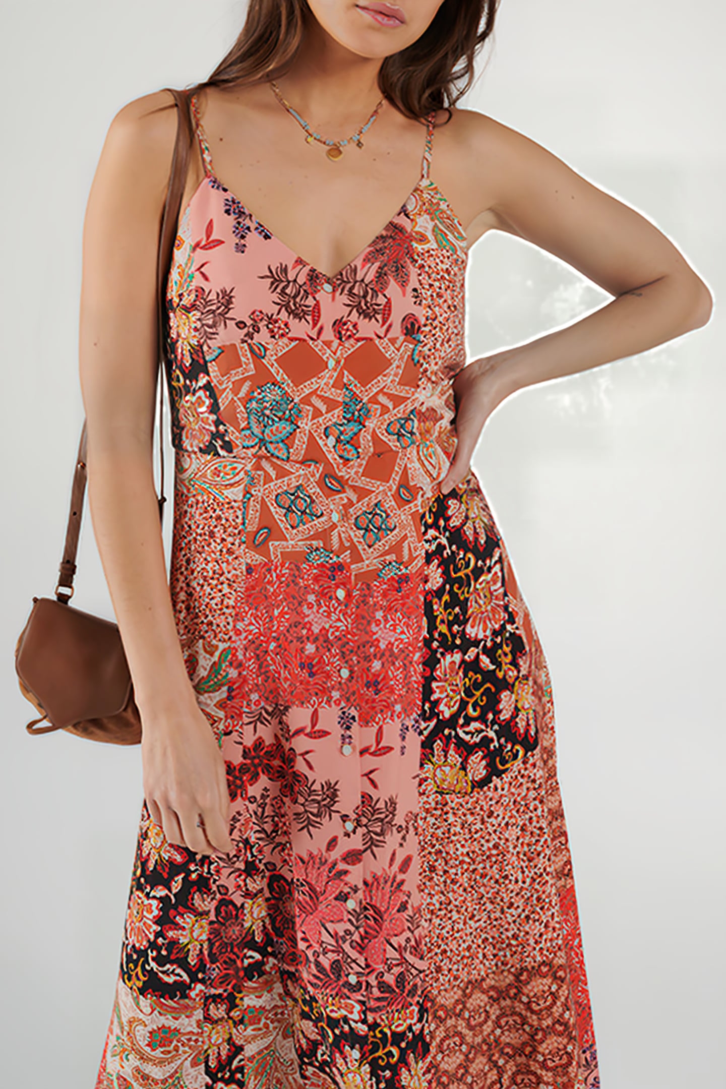 TEA ROSE FLORAL PATCHWORK PRINT LONG DRESS PINK 3