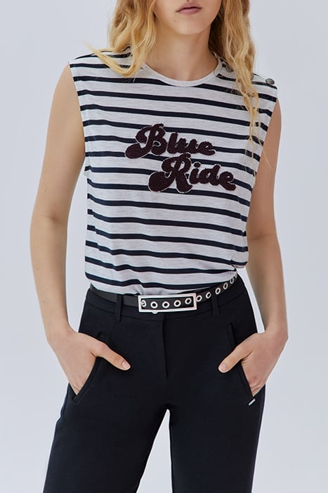 GREY MARL STRIPED T-SHIRT, BOUCLETTE EMBROIDERY 1