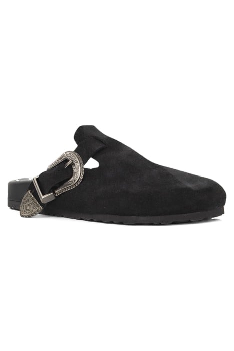 BLACK SUEDE CLOGS WITH ENGRAVED BUCKLES 2