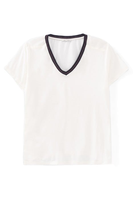 ECRU T-SHIRT WITH NAVY STRIPED RIBBING 4