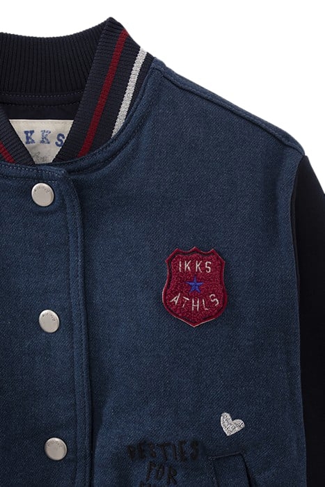 GIRLS’ NAVY DENIM EMBROIDERED MIXED FABRIC BASEBALL JACKET 3