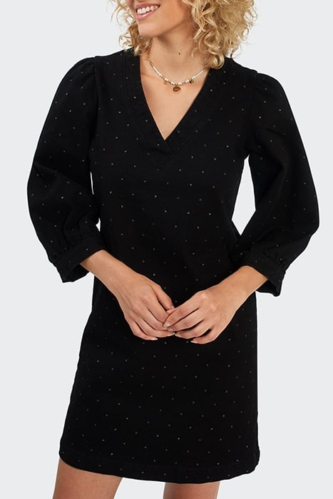 BLACK DENIM DRESS WITH GOLD POLKA DOT PRINT 1