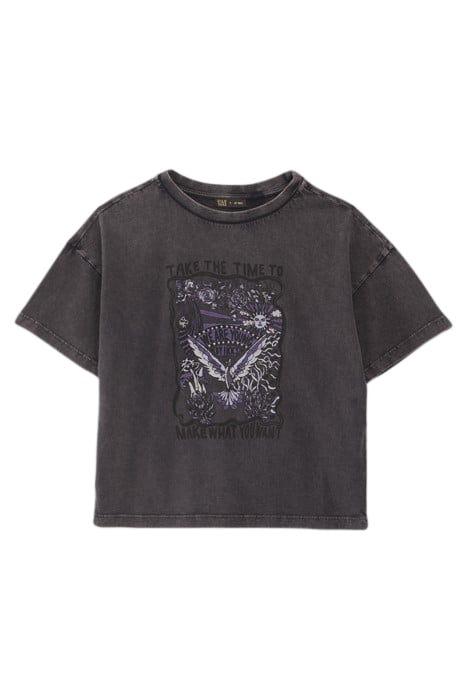 GIRLS’ GREY STUDDED ROCK IMAGE T-SHIRT BLACK USED 1