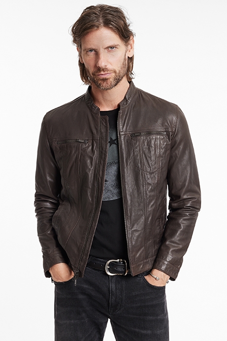 BRANDO BAND COLLAR LEATHER JACKET CHOCOLATE 1