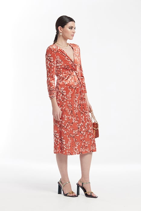 PRINT VELVET FRONT KNOT DETAIL CONTO DRESS RUSSET ORANGE 3