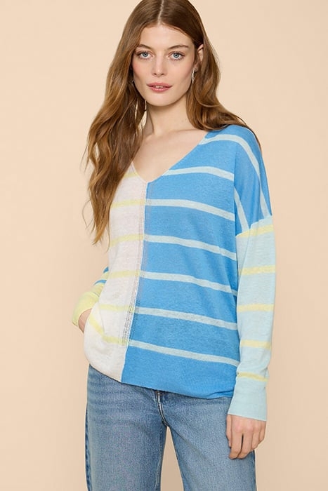 LINEN V NECK JUMPER BLUE MULTI 1
