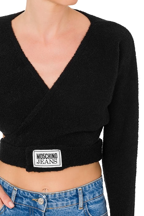 CROPPED SWEATER IN LOGO LABEL BOUCLÉ BLACK 4