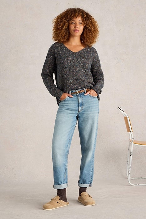 TEXTURED V NECK JUMPER TEAL MULTI 2