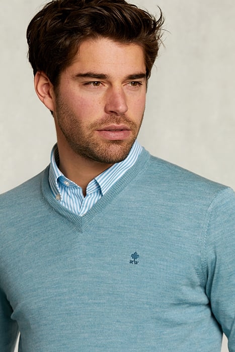 CUSTOM FIT MERINO V-NECK PULLOVER DARK SISAL MIX BLUE 4