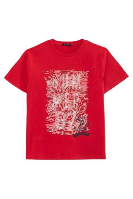 BOYS' RED ORGANIC COTTON T-SHIRT WITH RUBBER GRAPHIC LINES 1