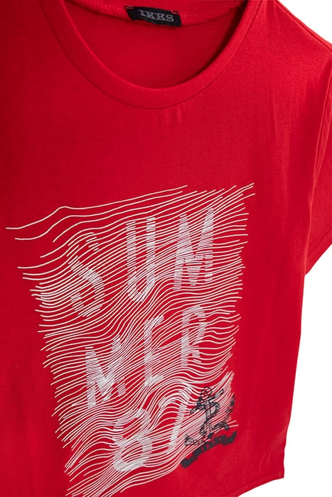 BOYS' RED ORGANIC COTTON T-SHIRT WITH RUBBER GRAPHIC LINES 5