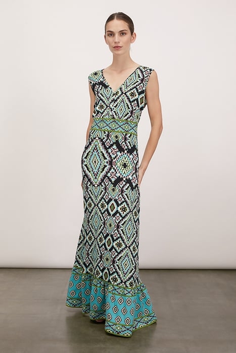 LONG DRESS WITH ETHNIC PATTERNED FLOUNCE BLACK 1