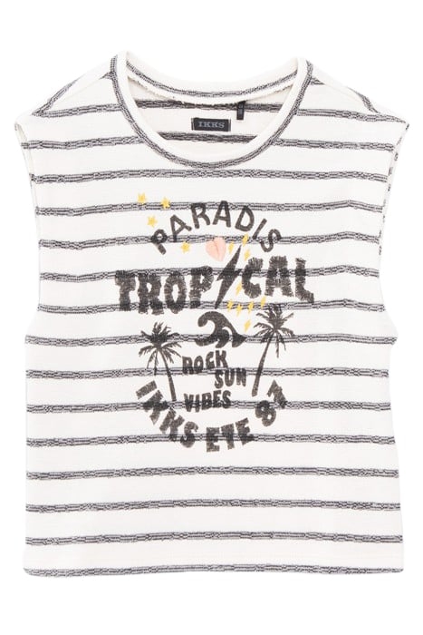 GIRLS' ECRU ORGANIC COTTON T-SHIRT, BLACK STRIPES & PALMS 1