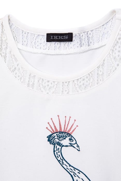 GIRLS’ ECRU VISUAL BLUE PEACOCK EMBROIDERED T-SHIRT 3