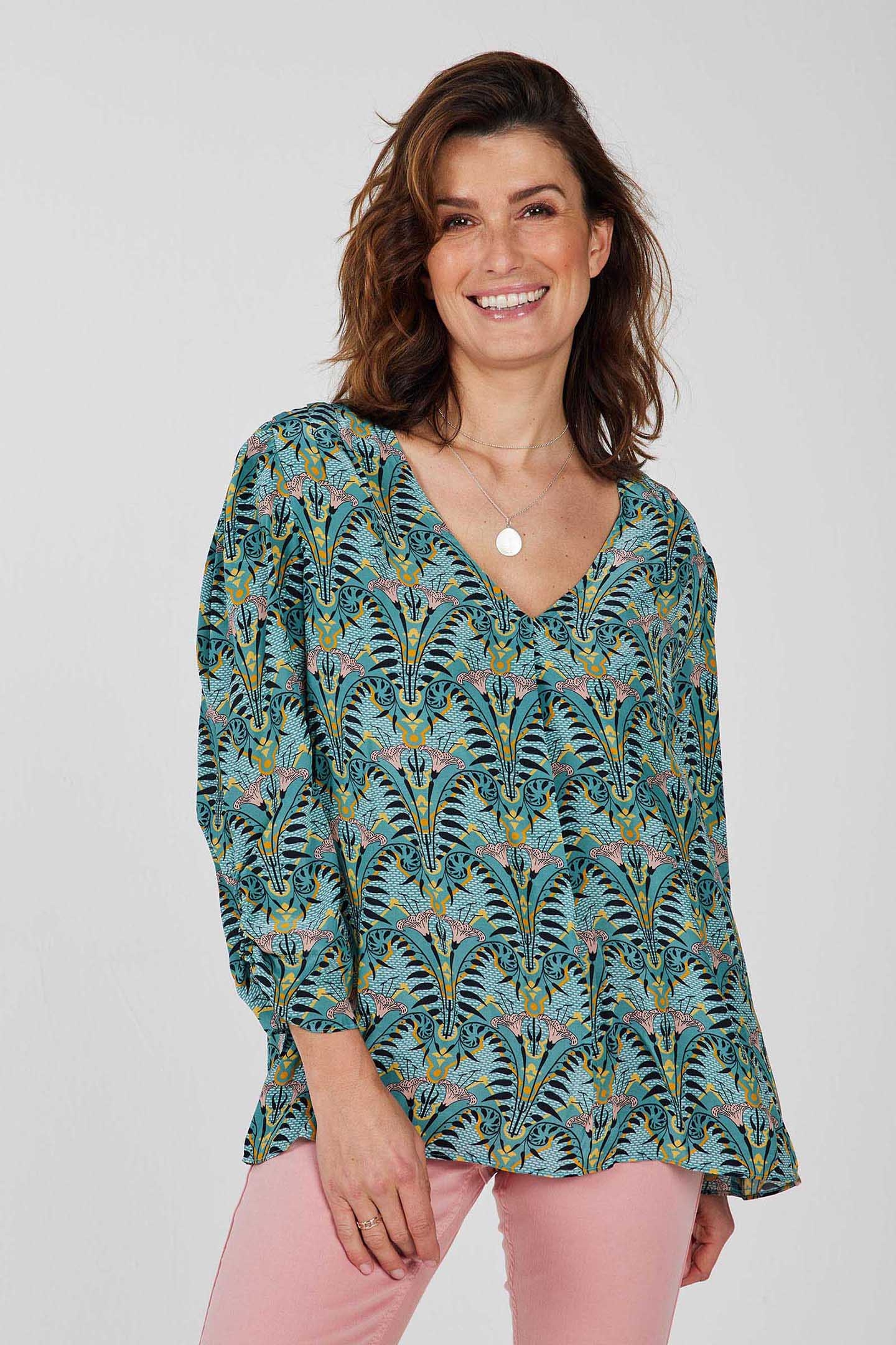 BLOUSE IDYLLIC AQUA SEA WITH FOUNTAIN PRINT 1