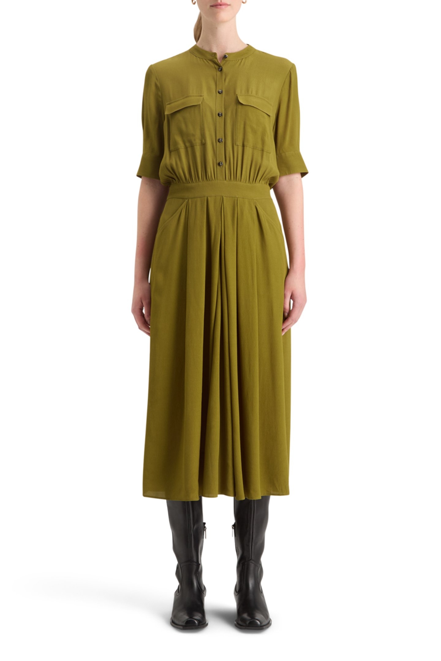 CREPE MIDI DRESS WITH CHEST POCKETS OLIVE 1