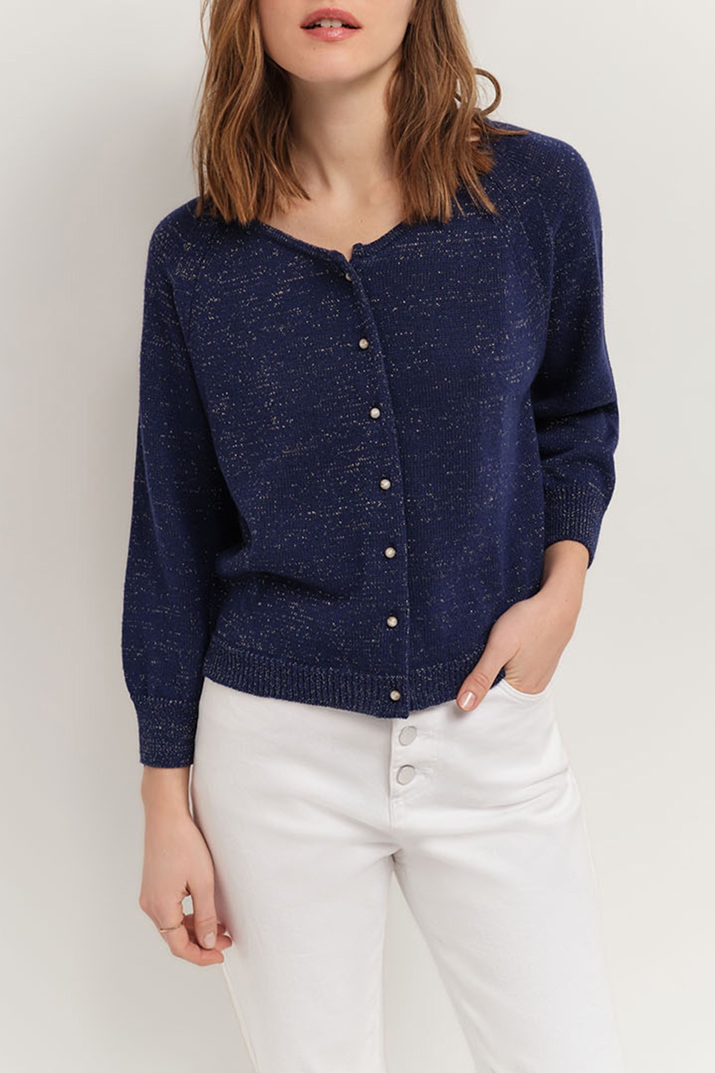 TASTE - NAVY CARDIGAN, LUREX KNIT, BOAT NECK NAVY 1