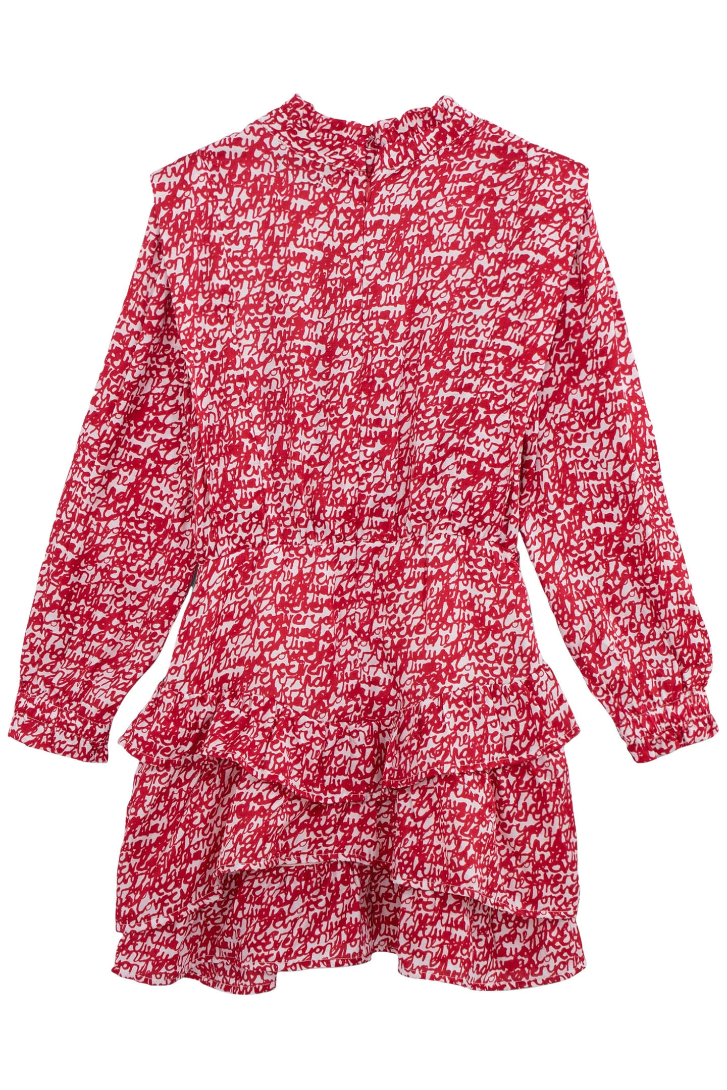 GIRLS’ RED RUFFLED DRESS WITH TAG PRINT 2