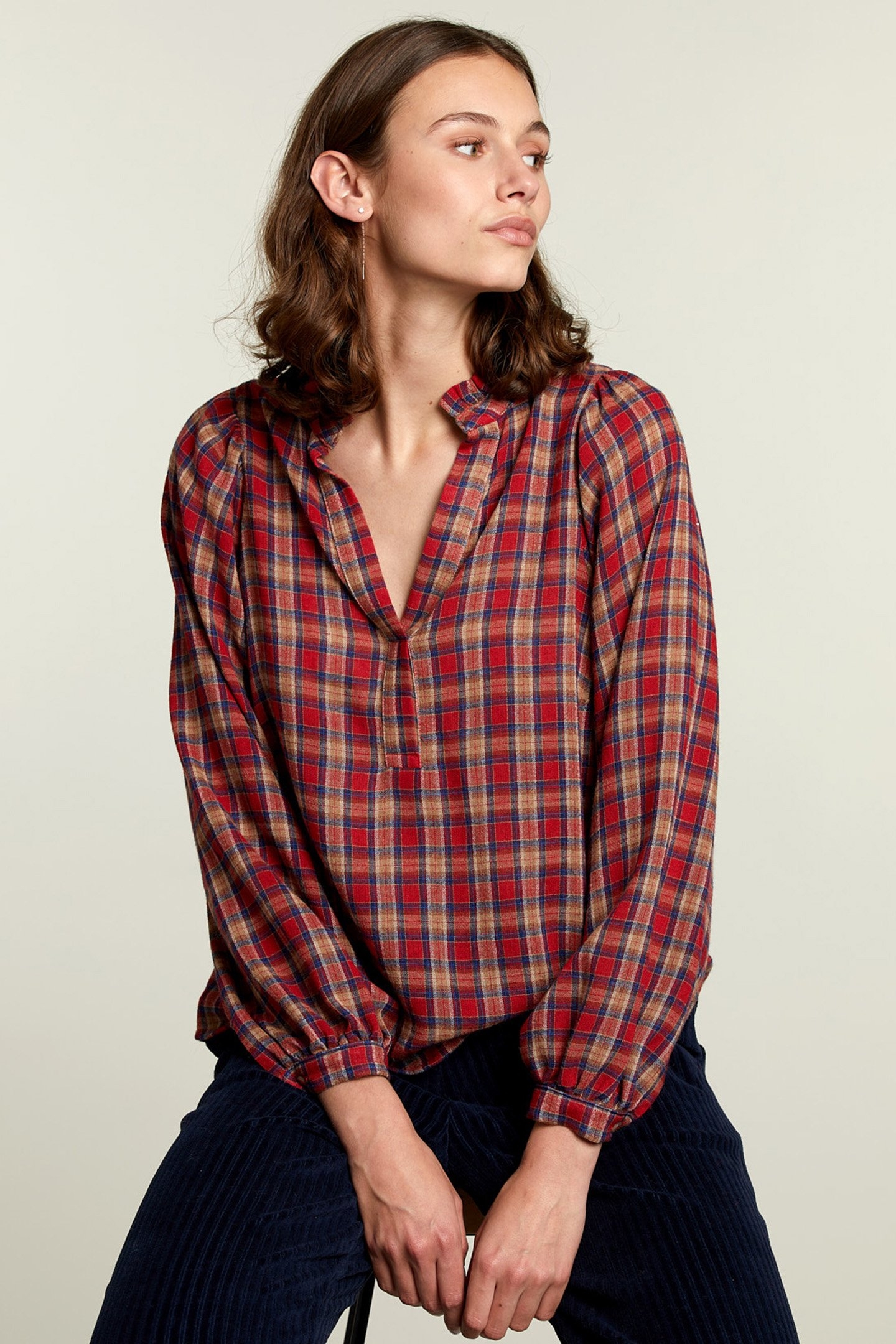 MULTI CHECKED V-NECK BLOUSE 1