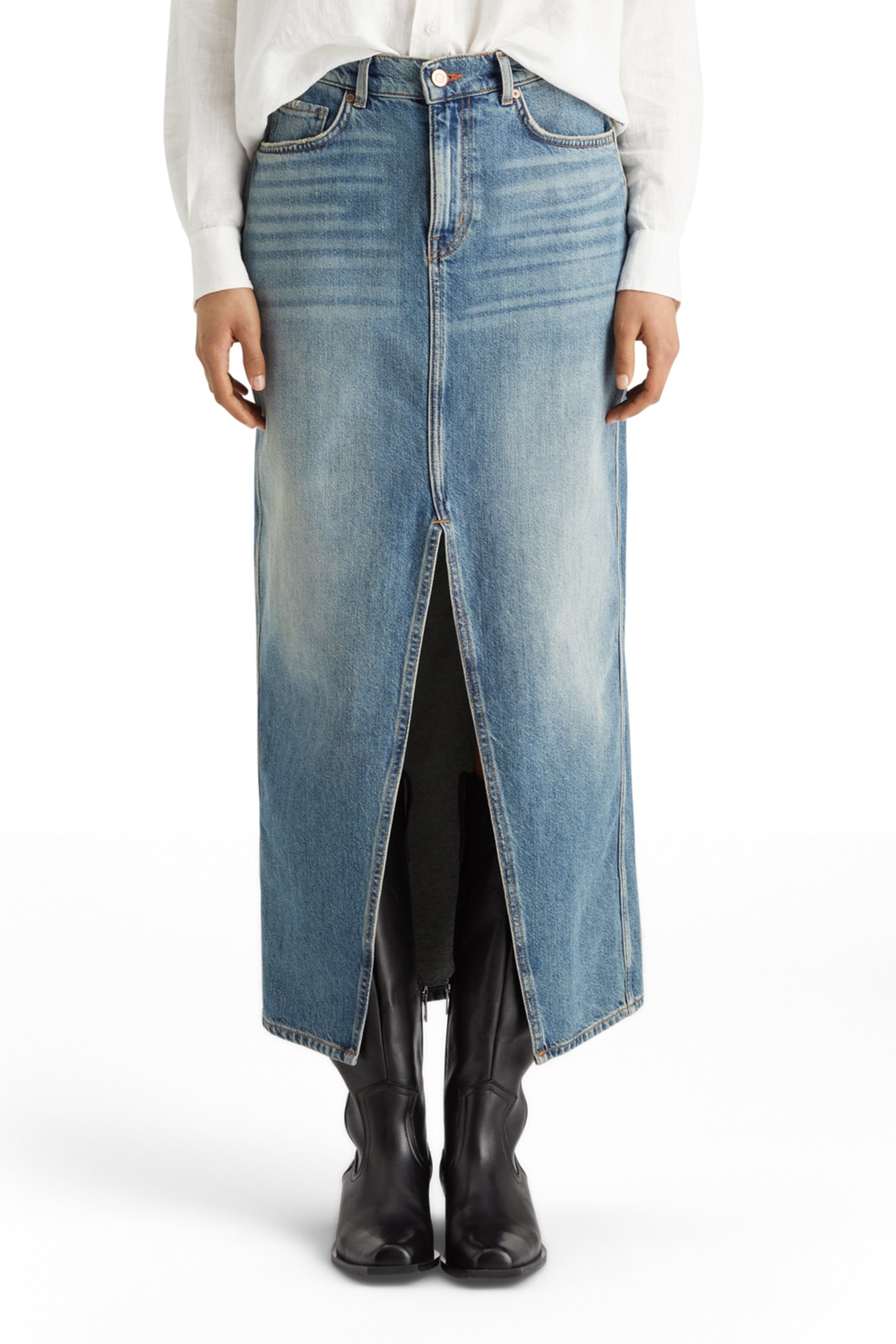 LONG VINTAGE WASHED DENIM SKIRT WITH FRONT SPLIT FRISCO NIGH 1