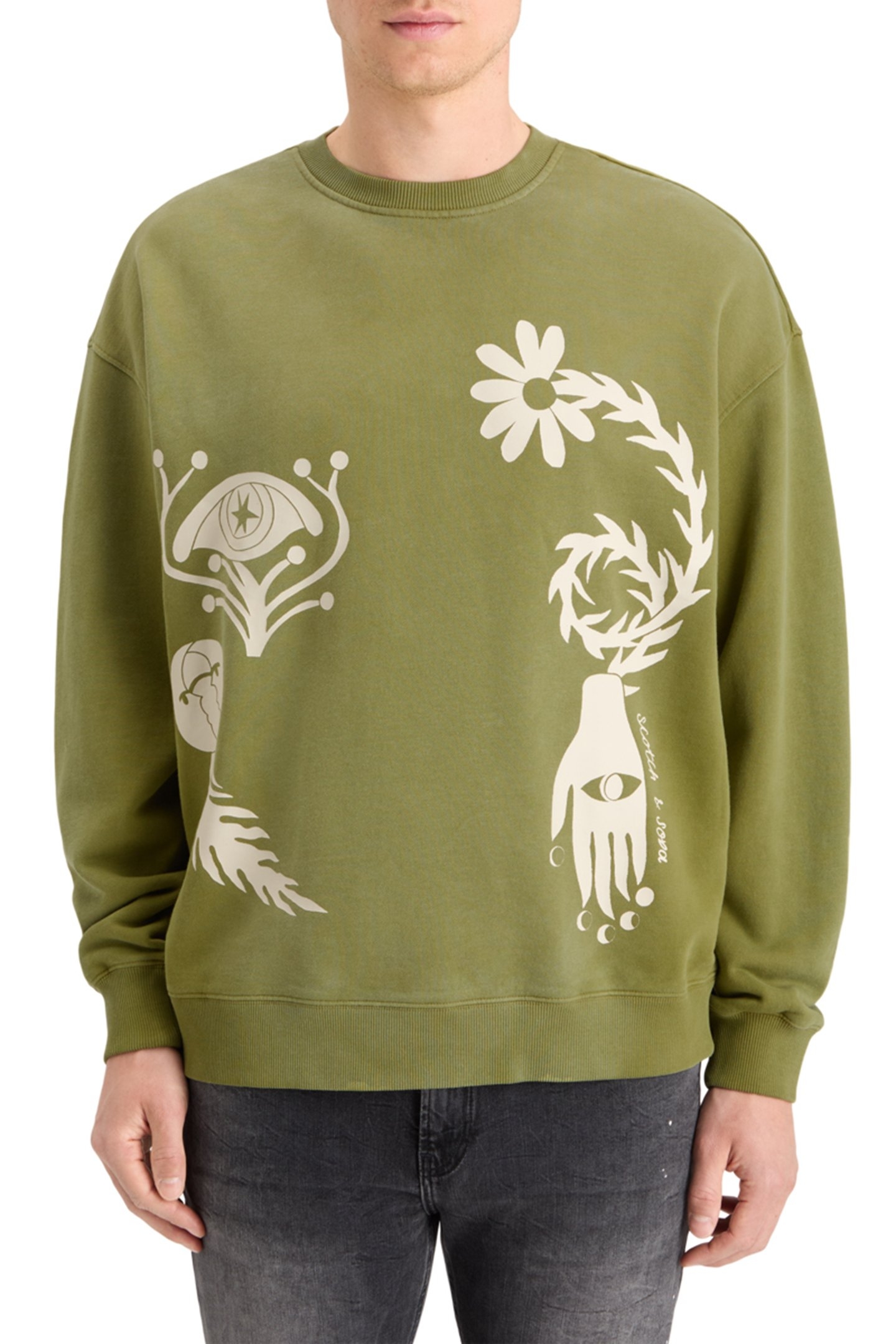 GARMENT DYED ARTWORK SWEATSHIRT MOSS GREEN 1