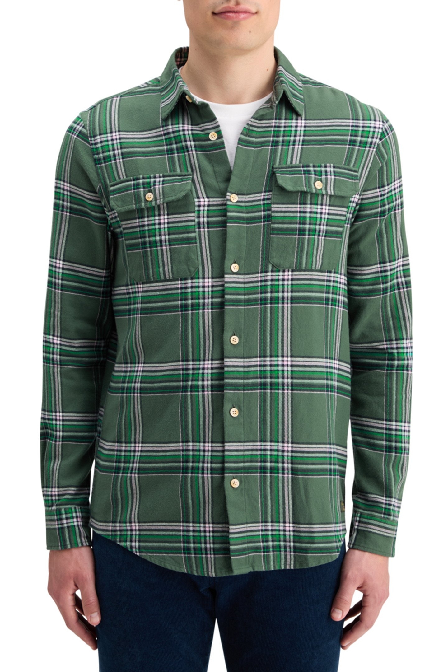 REGULAR FIT MULTICOLOURED FLANNEL CHECK SHIRT GREEN CHECK 1
