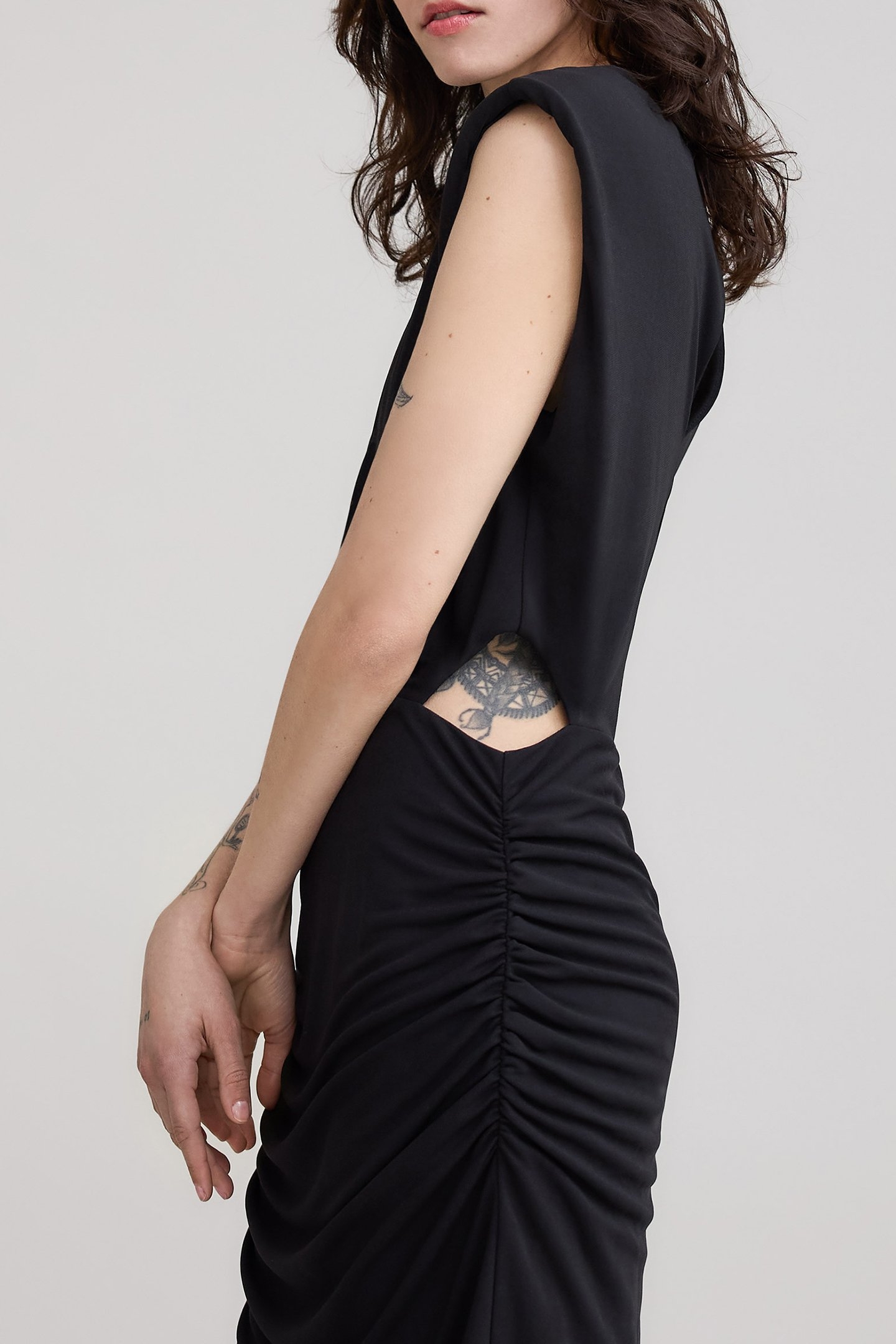 BLACK DRAPED DRESS WITH ASYMMETRICAL CUT-OUT 6