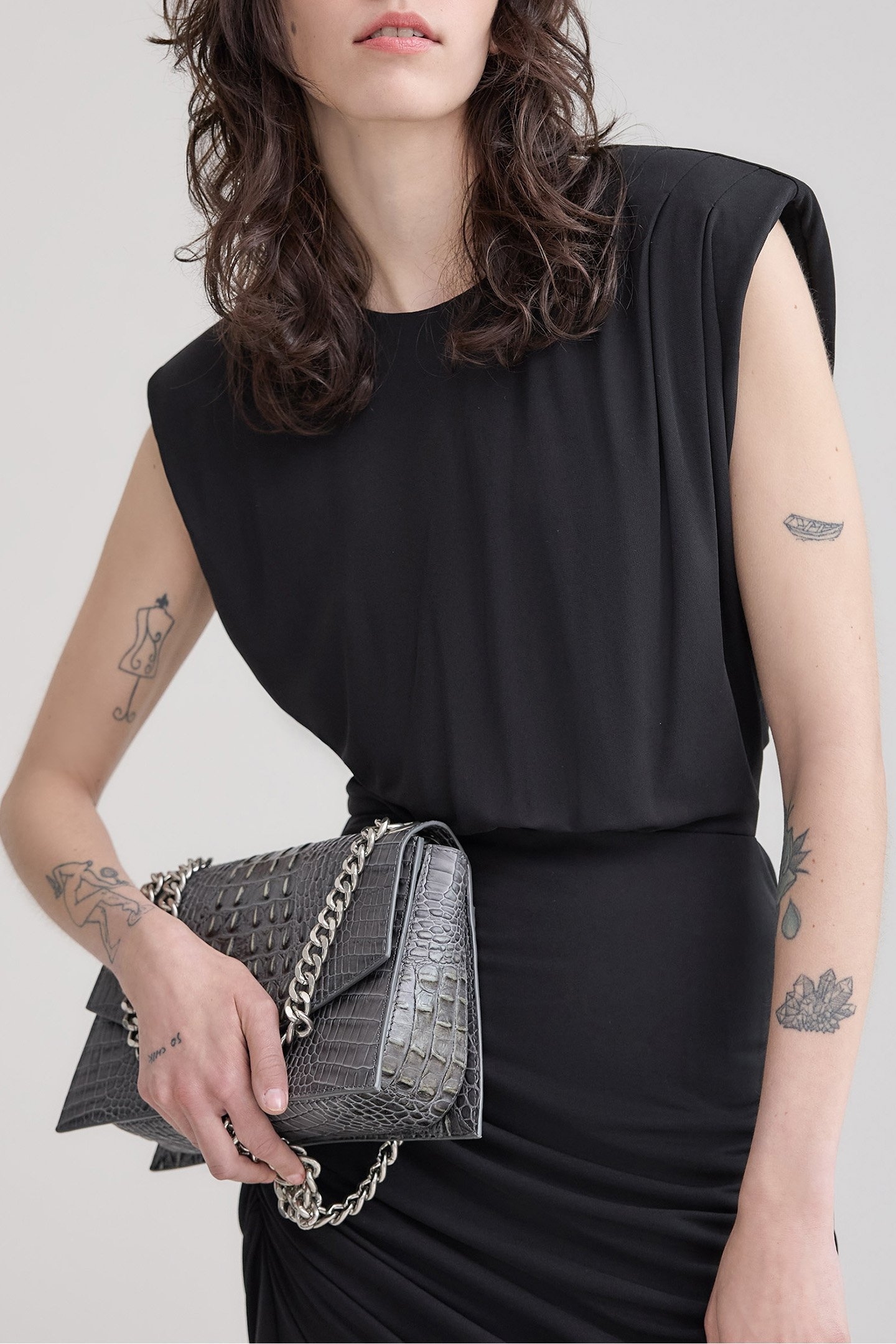 BLACK DRAPED DRESS WITH ASYMMETRICAL CUT-OUT 7