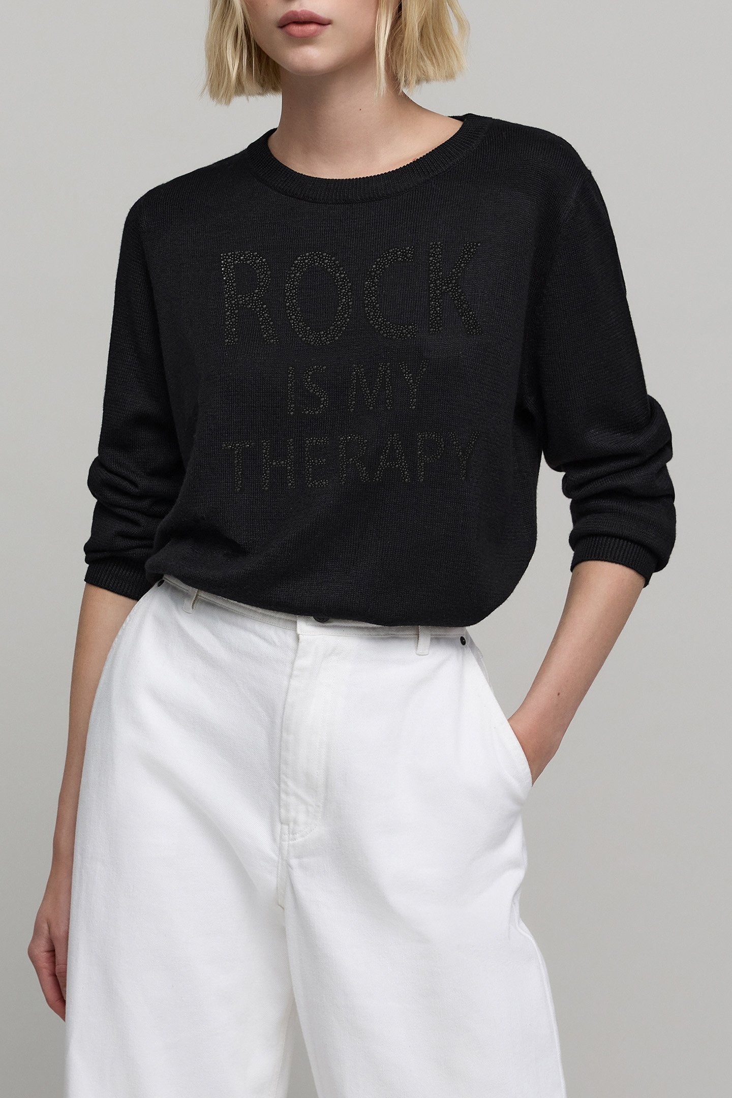 BLACK KNITTED SWEATER WITH STUDDED MESSAGE 1