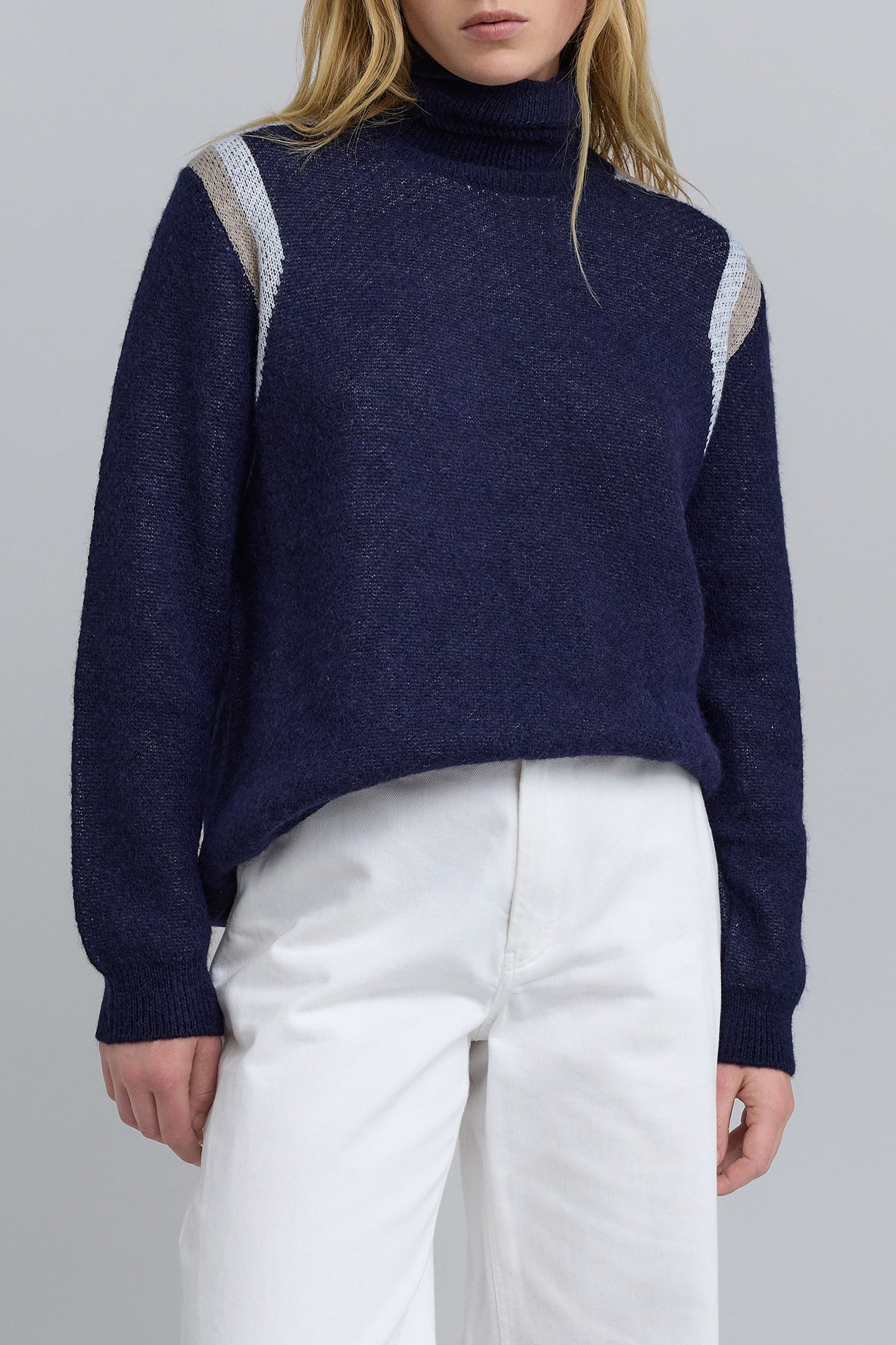 NAVY KNIT JACQUARD STRIPED SWEATER 1