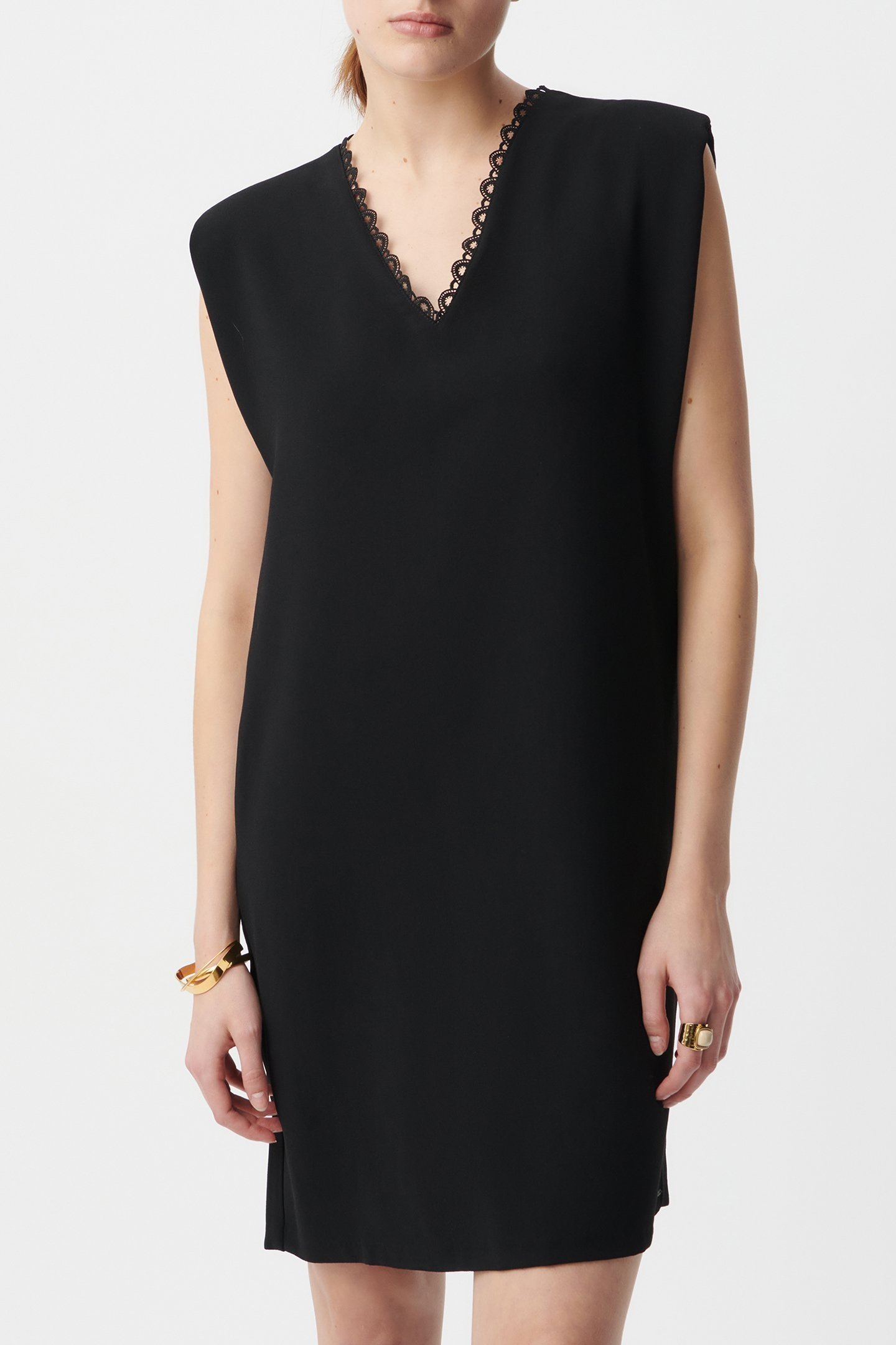 BLACK DRESS WITH V-NECK LACE MOTIF ON FRONT AND BACK 1