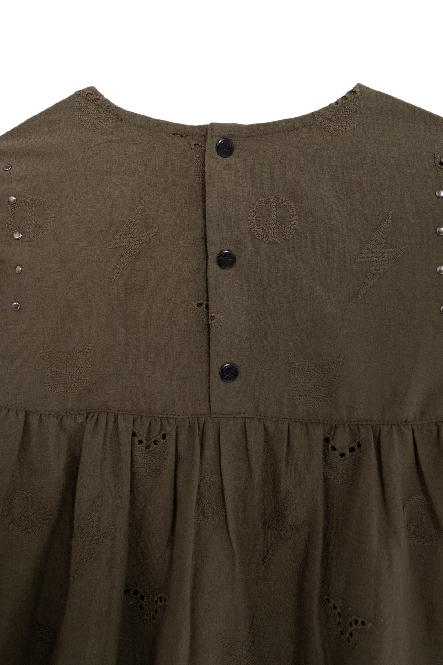 KHAKI DRESS, EMBROIDERY ANGLAISE, ARMY MOTIFS, GIRL 2