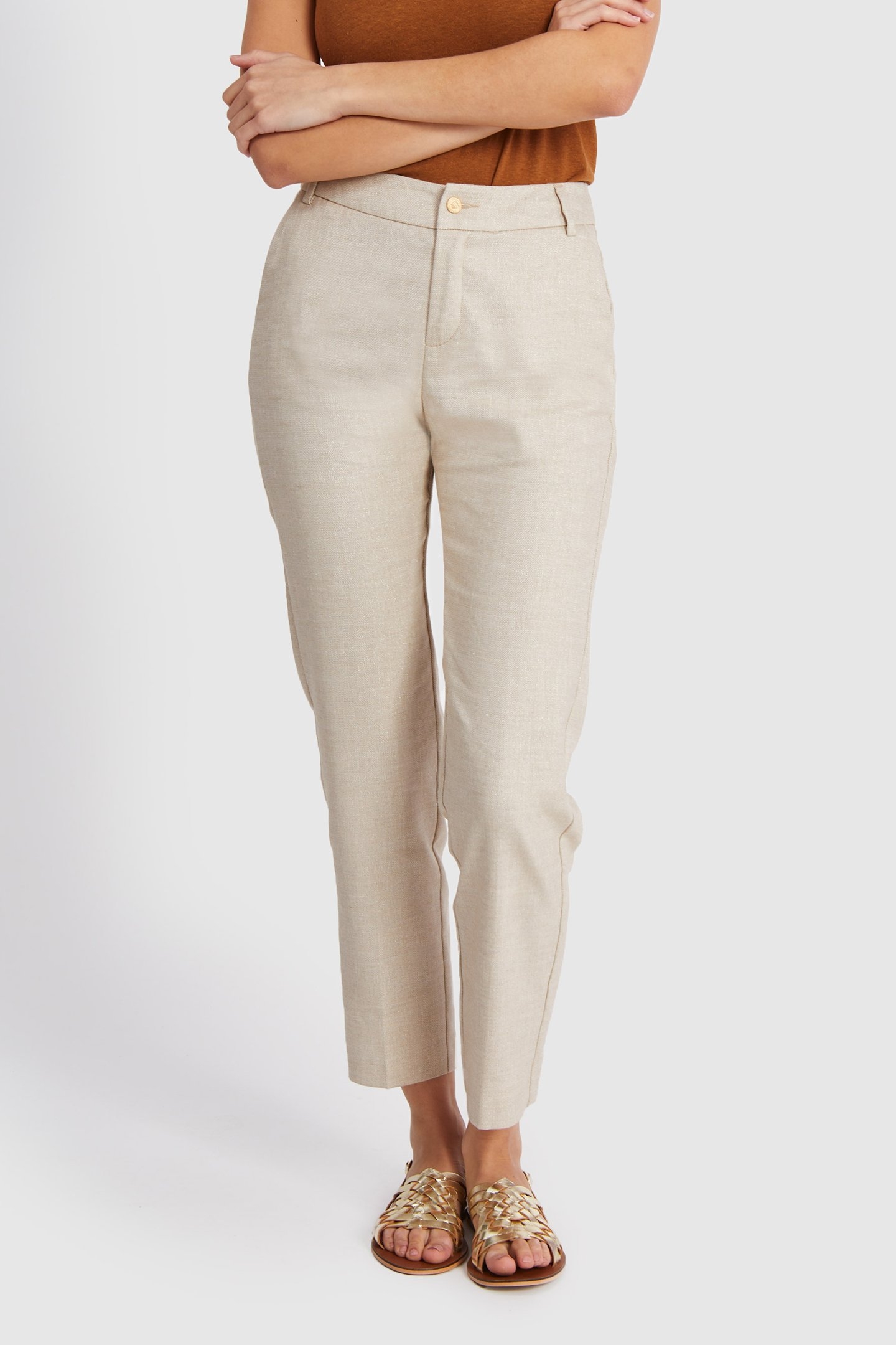 IRIDESCENT BEIGE LINEN-BLEND SUIT TROUSERS 1