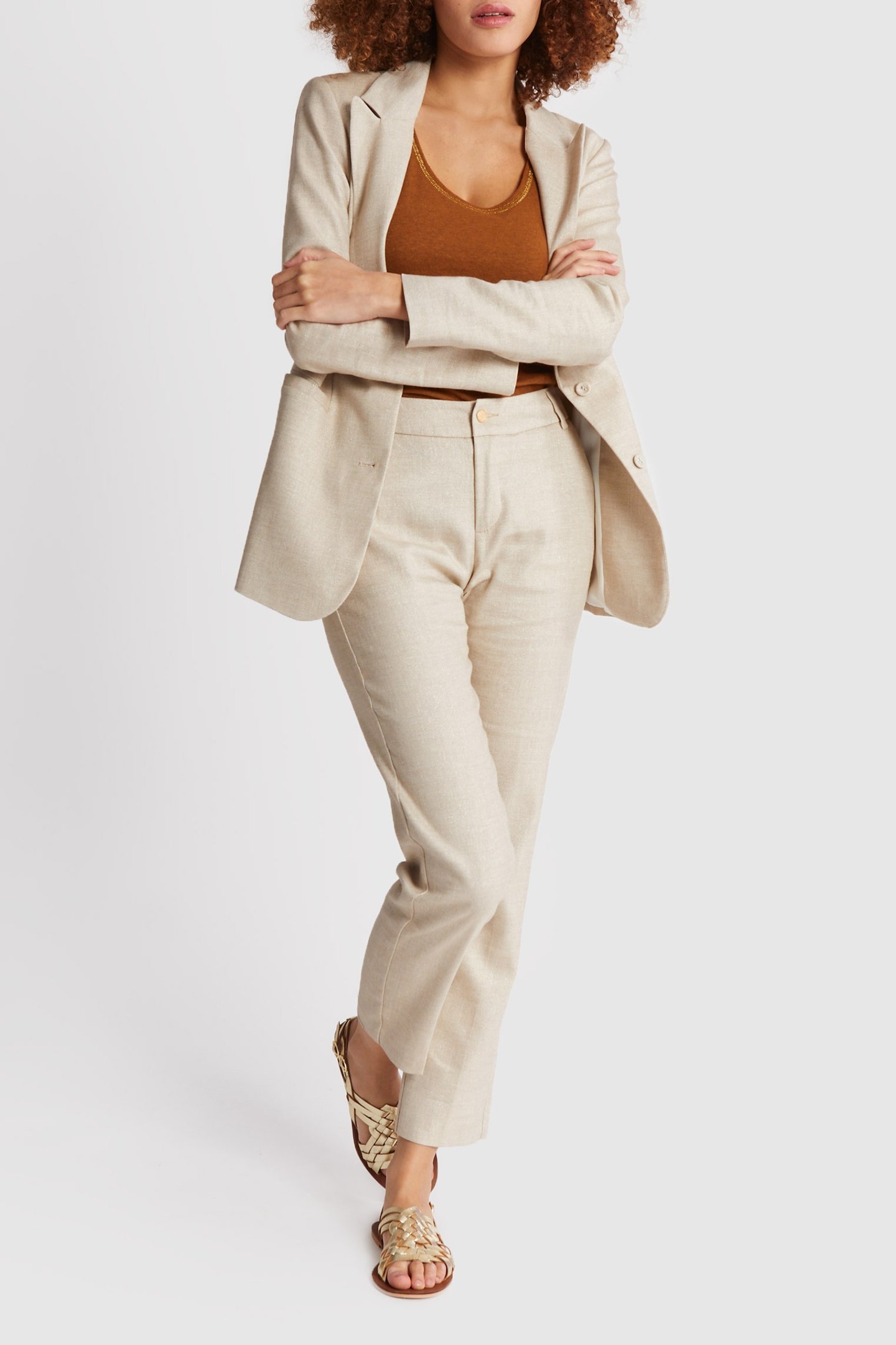 IRIDESCENT BEIGE LINEN-BLEND SUIT TROUSERS 5
