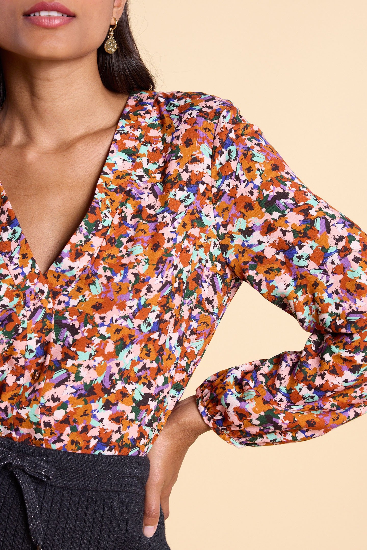 CAMEL BLOUSE WITH MULTICOLOUR TACHIST PRINT 6