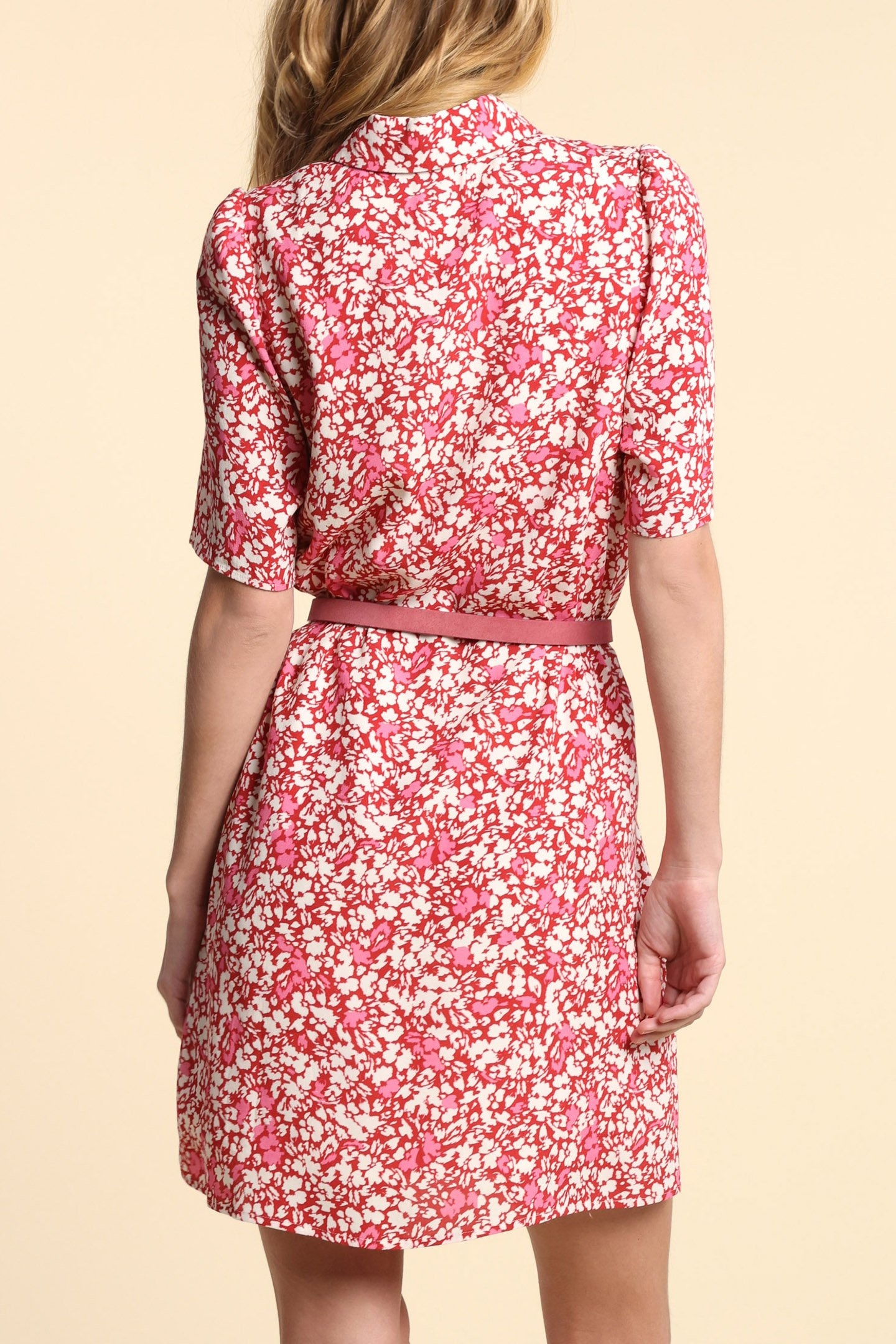 RED SHIRT DRESS WITH FLORAL TACHIST PRINT 2