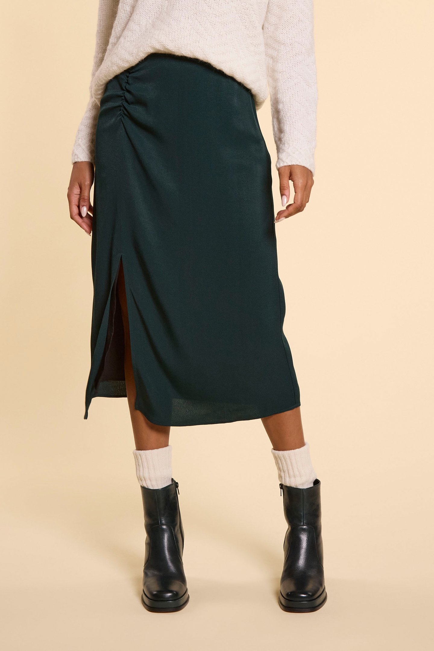 MIDNIGHT GREEN MIDI SKIRT  SIDE SLIT 1