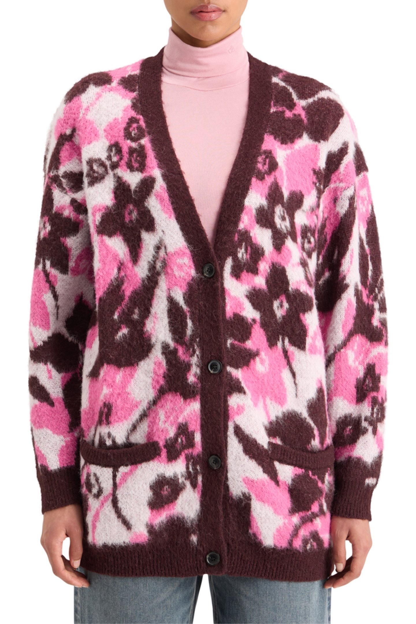 FUZZY JACQUARD MID LENGTH CARDIGAN WINTER FLORAL 1