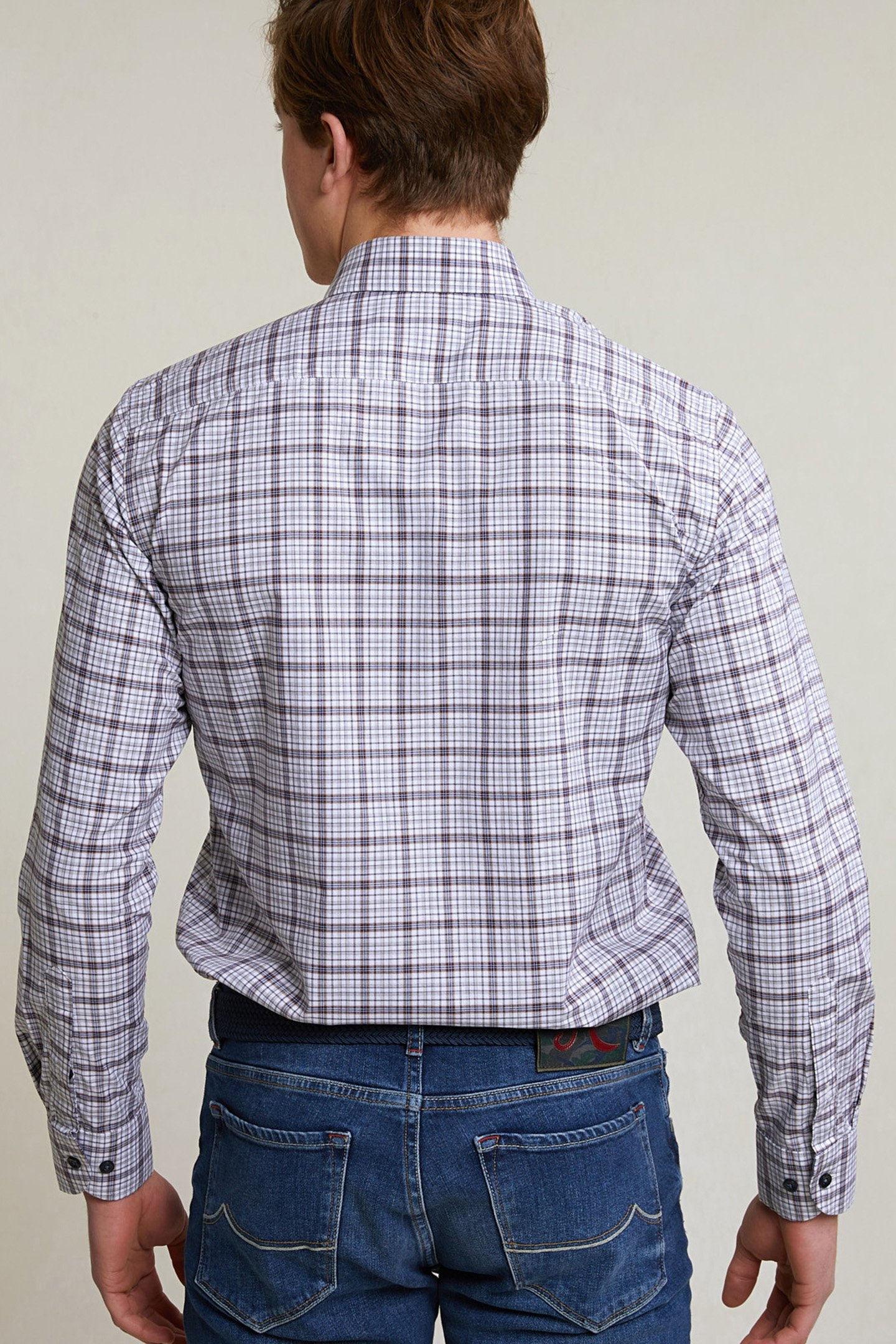 CUSTOM FIT CHECKED SHIRT WHITE/BROWN 2