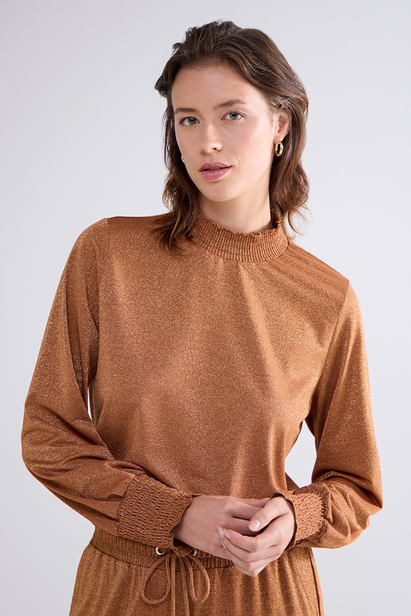 SMOCKED TOP FINE LUREX JERSEY CARAMEL COFFEE 1