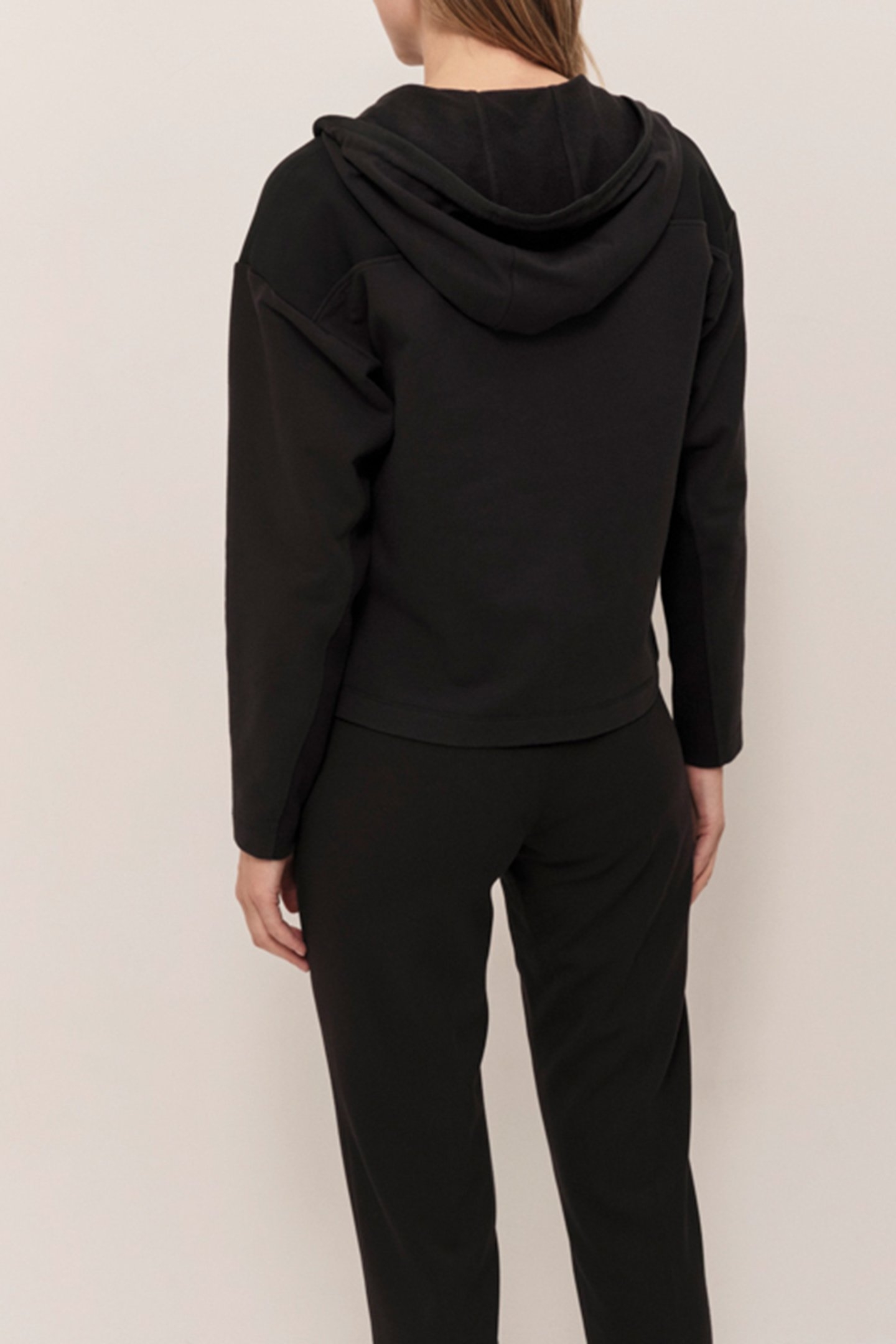 MABOIA  - BLACK ZIP-UP HOODED CARDIGAN IN DUAL-MATERIAL FLEE 2