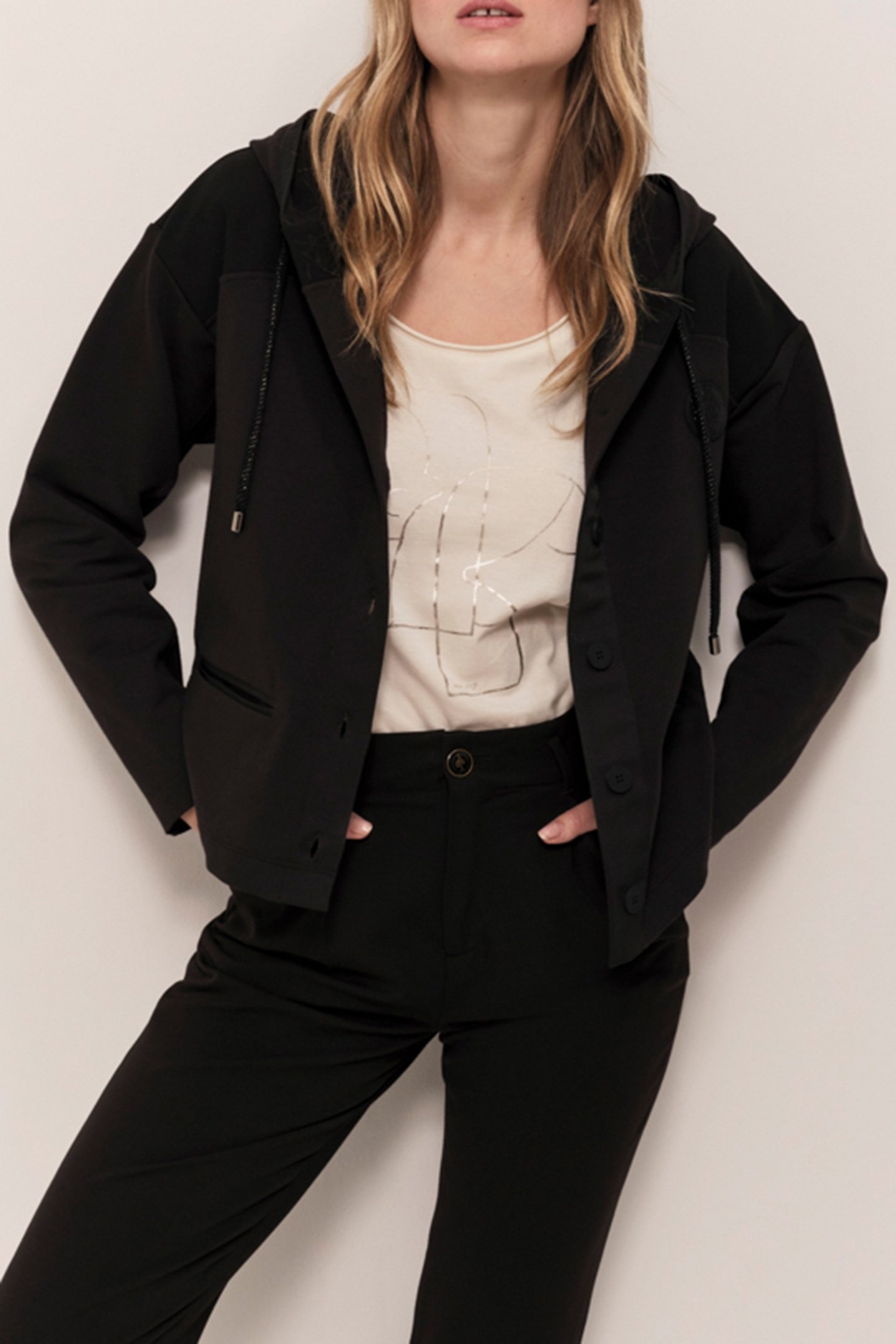 MABOIA  - BLACK ZIP-UP HOODED CARDIGAN IN DUAL-MATERIAL FLEE 5