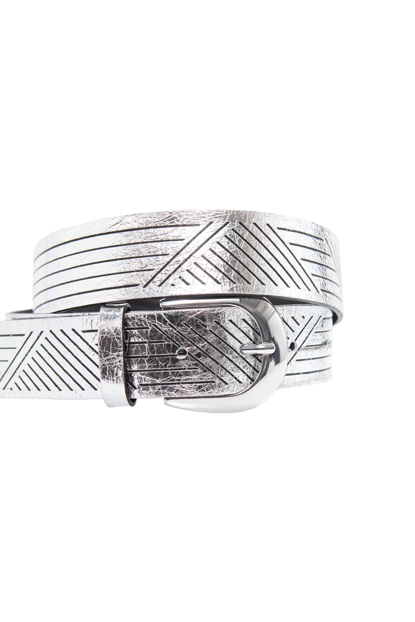 ANJA - SILVER METALLIC LEATHER BELT WITH GRAPHIC LINES, MADE 2