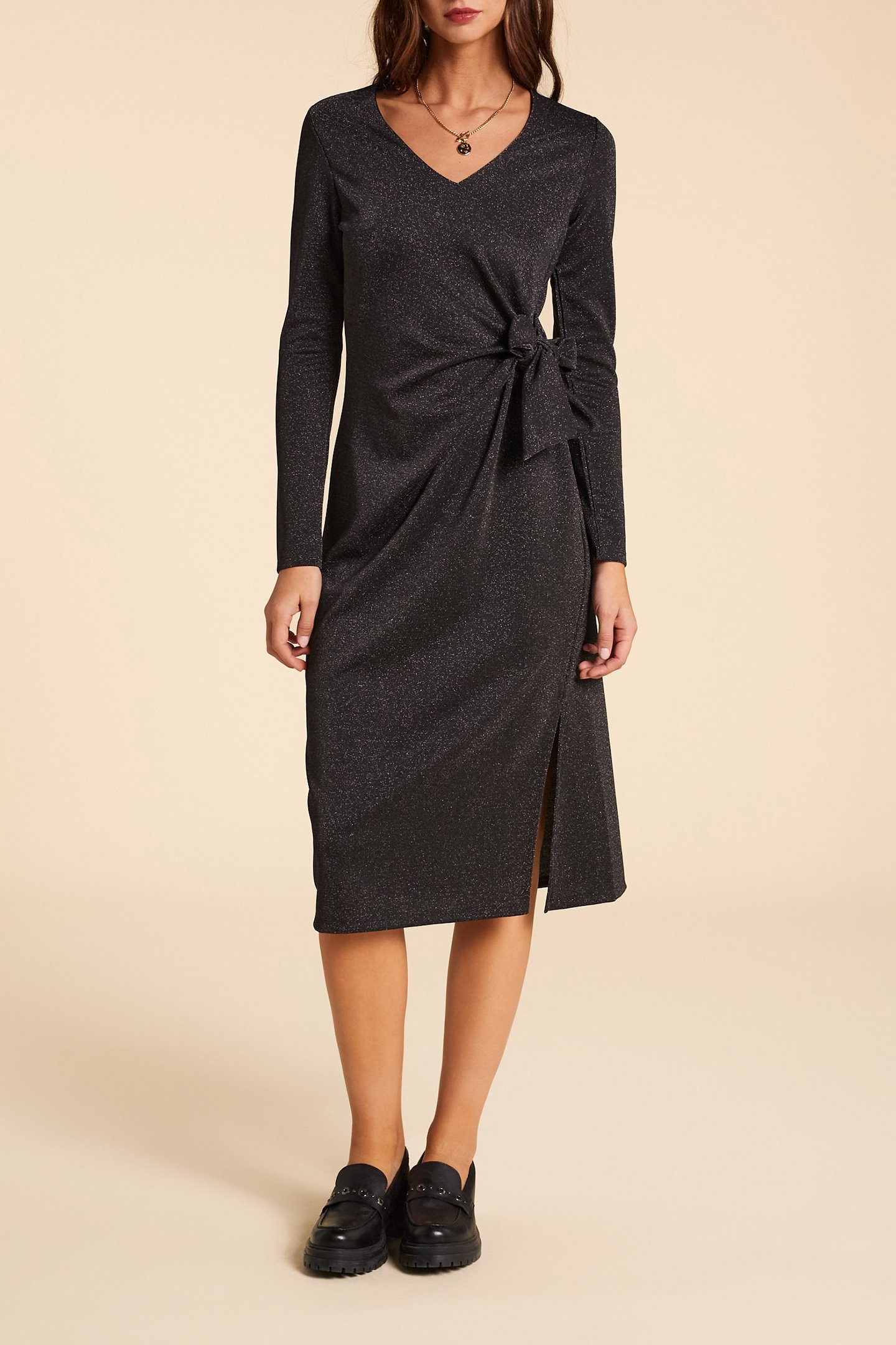 BLACK SEQUIN MESH MAXI DRESS WITH SIDE TIE 1