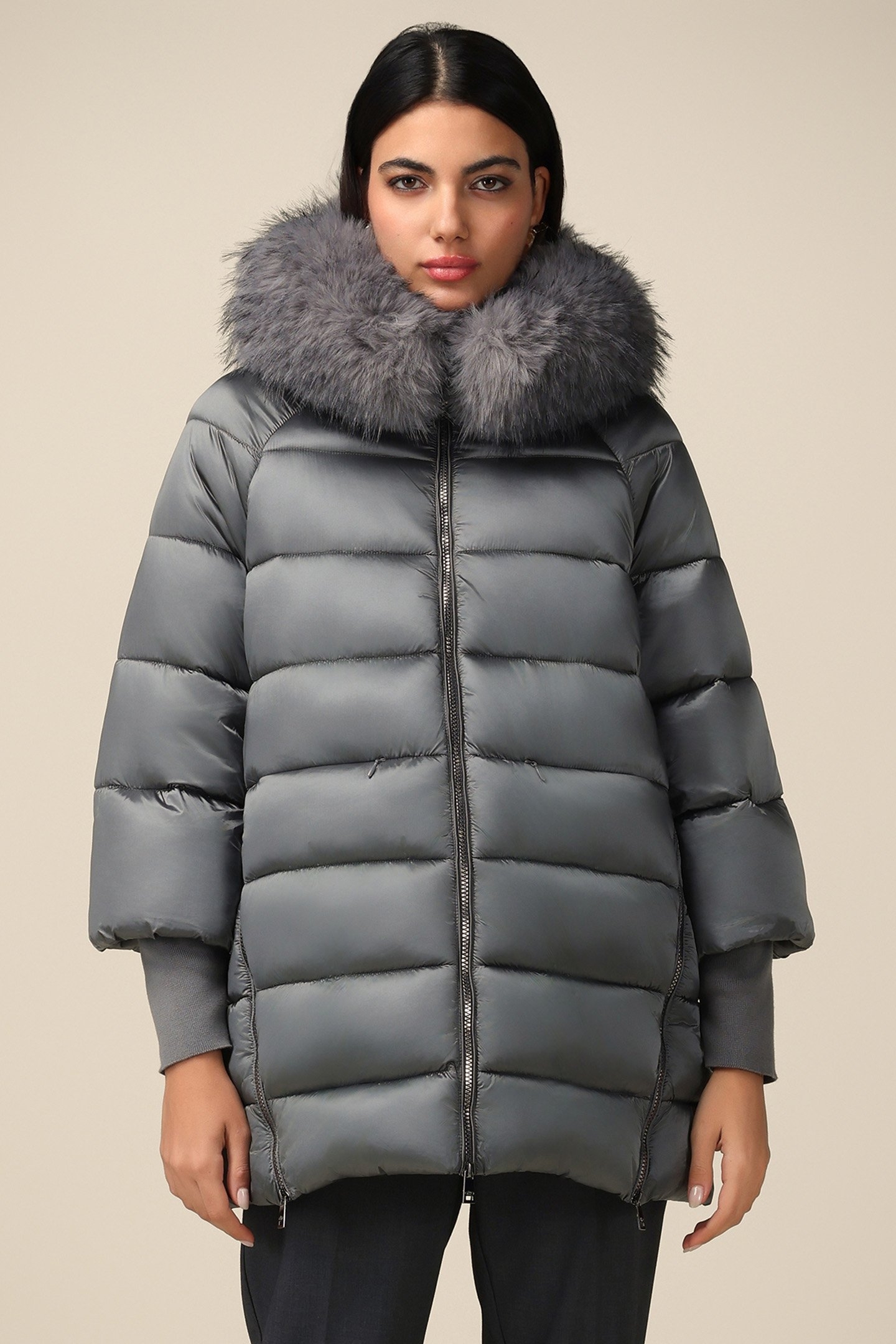MIDI DOWN JACKET WITH HOOD AND CUFFS GREY 1